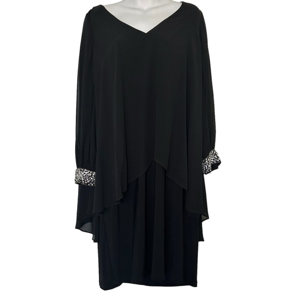 Alex Evenings BLACK JERSEY CHIFONN LONG SLEEVED DRESS WITH BEADED CUFFS size 16W - Picture 2 of 10
